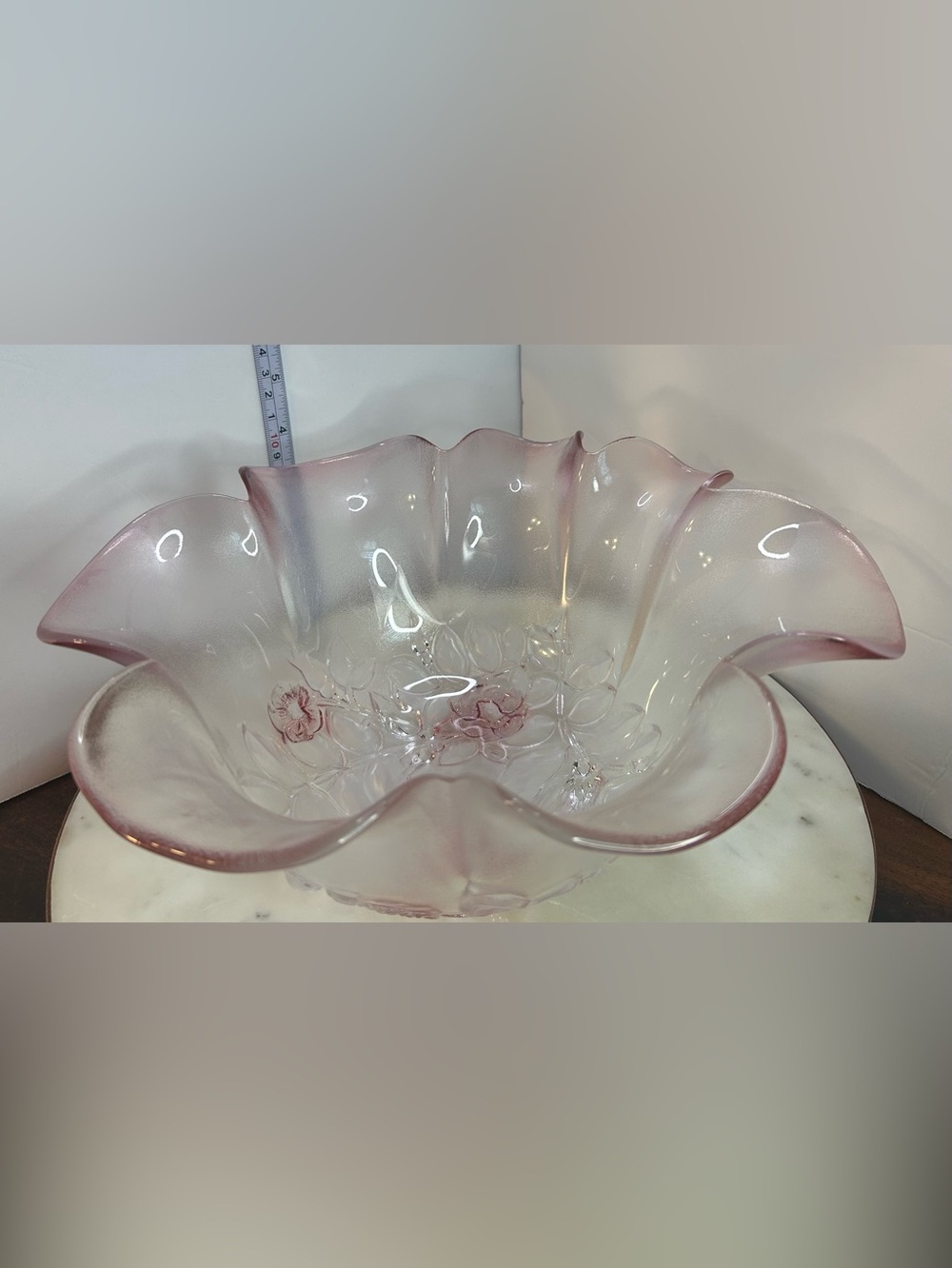 Gorgeous! Vintage Pink Floral Glass Decorative Footed Bowl - Elegant 10.25” Wide